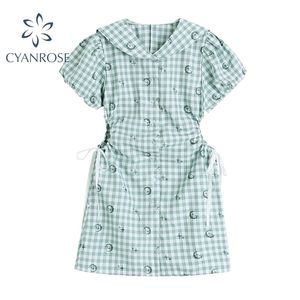 Green Plaid Button Up Shirt Women Dresses Summer Sailor Collar Puff Sleeve Hollow Out Tunic Moon Print Mini Dress Female 210515