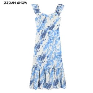 Francja Styl Blue White Tie Dye Druku Drewno Uszy Pasek Ruffles Hem Midi Sukienka Retro Sexy Kobiety Elastyczna Szczupła Herbata 210429