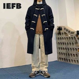 膝の上のIEFBウールコートメンズ韓国のファッション中長い緩いフード付き特大ホーンボタン秋冬服9Y4793 210524