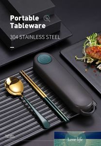Worthbuy rostfritt stål guldporslin Portable Travel Chopsticks Sked Non-Slip Middag Set för Picnic Kitchen Dinnerware