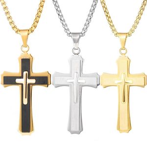 Pendant Necklaces Punk Men Crucifix Necklace PVD Plated Stainless Steel Three-layer Cross Hiphop Jesus Link Chain Jewelry