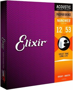 1 Set Elixir 16052 Nanoweb Acoustic Guitar Strings Light 12-53 Fosforbrons