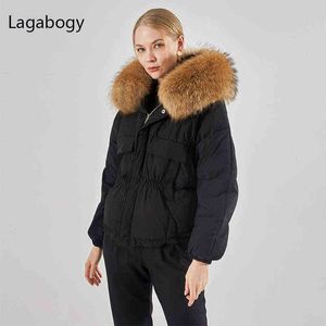 Lagabogy Grande Casaco de Inverno de Pele de Guaxinim Natural Feminino 90% Branco Duck Down Jacket Grosso Quente Solto Parka Feminino Short Snow Outwear 211130