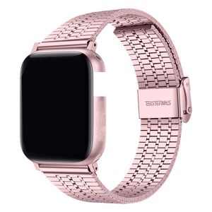 Pulseira de Aço Inoxidável Sete Correias de Metal de Bead para Apple Watch Series 6 5 4 SE Bandas Double Insurance Buckle Pulseiras Iwatch 44mm 42mm 40mm 38mm Watchband