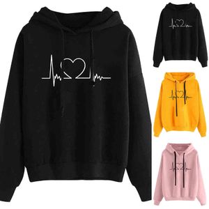 Kvinnors Hoodie Heart Printing Comfy Hoodies Bright Färg Långärmad Sweatshirt Harajuku Hooded Cotton Pullovers Woman Clothing Y1118