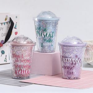 Summer Ice Cup Blue Pink Purple Water Bottle With Lid and Straws 600ml Outdoor Water Drinkware