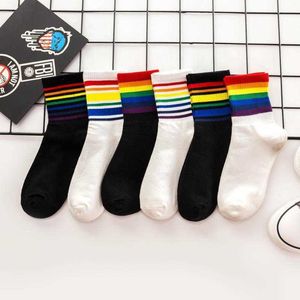 Rainbow Socks Japanese Korean College Style Men Women Stripe Fashion Happy Cotton Harajuku White Black X0710