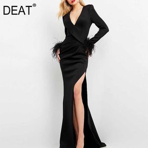 [DEAT] Vår sommar mode v-nacke hög midja golvlängd solid färg elegant kvalitetdress kvinnor 13d168 210527