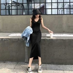 Yitimoky Ribbed vestidos de malha para mulheres verão 2021 v-pescoço preto festa casual harajuku slim bege bege vintage midi vestido y0823