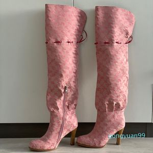 Stivali sopra il ginocchio da donna Interlocking G Canvas Zipper Boots Tacco alto Scarpe con lacci stampati in vera pelle di alta qualità con scatola 317