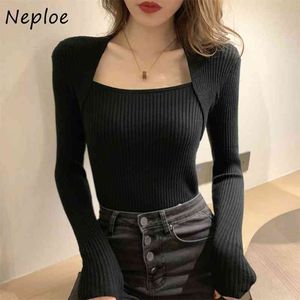 Long Sleeve Slim Fit Knitted Pullovers Women Fashion Chic Fake Two Piece T-shirt Sexy U-neck Solid Color T Shirts 1H083 210422