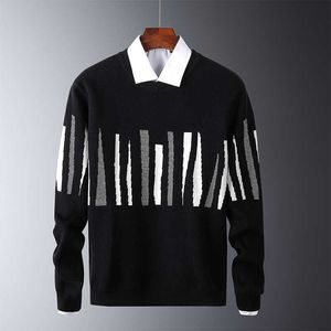 Män svart höst tröja o-nacke pullovers mens knit mönster slim tröja kappa casual märke manlig streetwear mode kläder 210603