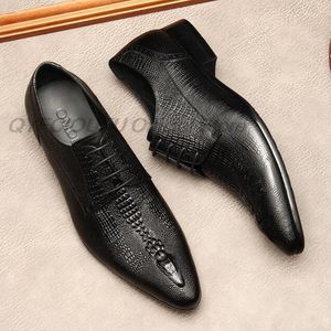 Мужчины черный коричневый Wingtip Подлинная кожа Оксфорд Обувь заостренный носок кружев Официальные туфли Свадебное дело Бизнес мужской крокодил