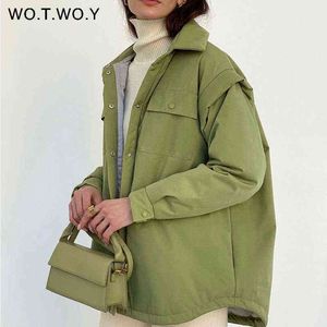 WOTWOY Patchwork Sleeve Autumn Winter Jackets Women Elegant Single Breasted Cotton Padded Parkas Female Sold Bubble Coat 211130