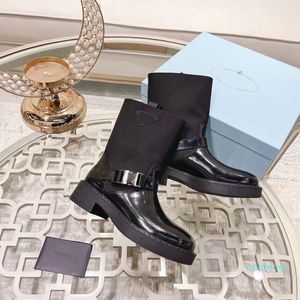 High quality fashion black buckle ankle boots women Open bead leather stitching nylon martin booties df51