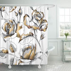シャワーカーテン黒い花の金色の花柄の白い抽象現代のカーテン防水ポリエステル生地72 xインチセット