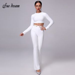 Yaz Yeni kadın Bandaj Fermuar Seksi Beyaz Gömlek ve Pantolon 2 Parça Iki Parçalı Moda Geniş Bacak Uzun Pantolon Noel Seti 210319