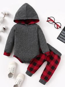 Wholesale baby patterns for sale - Group buy Baby Gingham Pattern Hooded Bodysuit And Sweatpants SHE