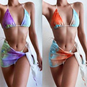 Halterneck biquíni cordão laço-up roxo tintura tintura tintura tópico três peça swimsuit verão senhora sexy baixo cintura bodysuit 210604