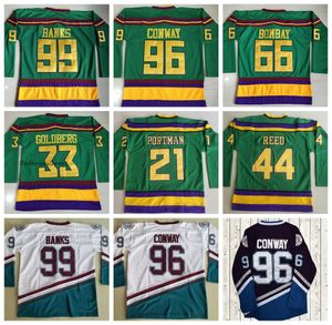 Mi08 Movie Mighty Green Ducks Hockey Jerseys 96 Charlie Conway 99 Adam Banks 66 Gordon Bombay 44 Fulton Reed 33 Greg Goldberg 21 Dean Portman Stitched Jersey Mens Vinta