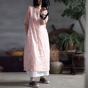 Johnature Women Print Цветочные льняные платья O-образным вырезом с коротким рукавом лето Винтаж Свободная кнопка Женская одежда Китайское платье 210521
