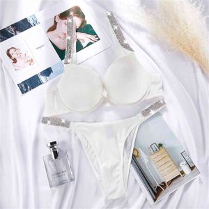 Sexy Dessous Set Buchstaben Unterwäsche Frauen Push Up BHs für Frauen Nahtlose Bralette Panty 2 Stück Komfort Einstellbar 211116