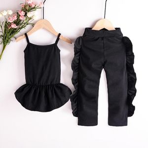Meninas de bebê conjunto preto manning top top   calça de folha de lótus 2 garotas de garotas de verão