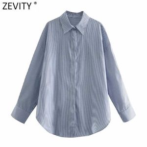 Zevity女性ヴィンテージストライププリントカジュアルルースブラウスオフィスレディース特大ビジネスシャツシックな化学トップスLS7506 210603
