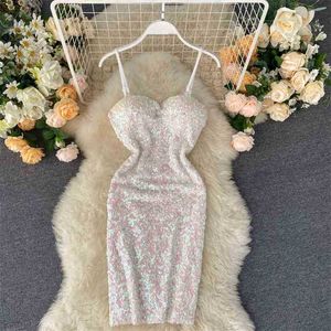 Kadınlar Seksi Kulübü Parti Elbise Moda Yaz V Boyun Bling Sequins Bodycon ES Bayanlar Zarif Spagetti Kayışı Mini 210525