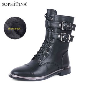 Sophitina Kvinnors Vinter Ankel Stövlar Varm Plysch Comfortable Ridning Combat Militär Låg häl Mid Calf Booties Höstskor C778 210513