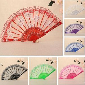 Lace Folding Dance Fan Craft Gifts Rose Flower Design Plastic Frame Silk Hand Fans RRB13436