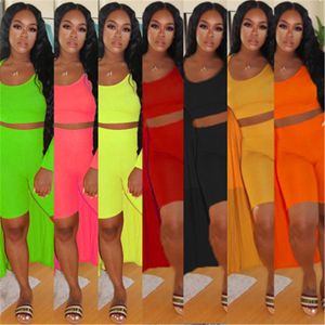 Women Solid Color Skinny Tracksuits Fashion Trend Sleeveless U-neck Vest Tops Shorts Cloak 3 Piece Sets Designer Summer Female Casual Slim Suits