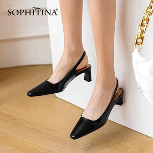 SOPHITINA Square Toe Concise Female Sandals Elastic Straps Shoes Thick Heel Genuine Leather Stone Pattern Women's Shoes AO619 210513