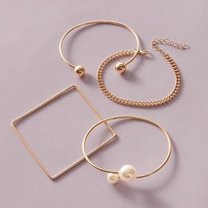 4 Pcs/Set Round Square Pearl Bracelets Set Multilayer Adjustable Open Bracelet for Women Bangles Femme Jewelry