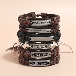 6 Stile/Set verstellbares Echtlederarmband WORID PEACE BESTFRIEND ACHIEVE SILENCE