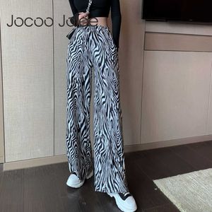 jocoo jolee 여성 봄 가을 얼룩말 패턴 인쇄 캐주얼 빈티지 와이드 다리 바지 기본 탄성 허리 파티 클럽 바지 210619