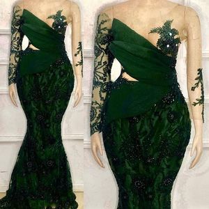 2021 mörkgröna kvällsklänningar sjöjungfru vestidos skräddarsydda lyxiga pärlor långa långa ärmar illusion bodice paljetter scoop neck plus storlek vestido