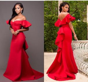 2021 Gorgeous Red Mermaid Bridesmaids Dresses Off the Shoulder Backless Maid of Honor Floor Length Satin Wedding Party Dress Plus Size Cheap