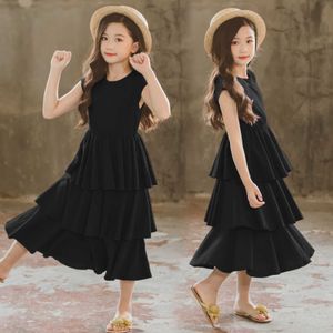 Black 3 Layer Cake Dress For Girls Summer Elegante Principessa Teens Girl Party Tenna Bambini Cotton Maxi Bambini lunghi Abiti da sera Q0716