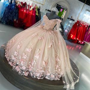 pink Sweetheart Quinceanera Dresses Ball Gown 3D Flowers Formal Prom Graduation Gowns Princess Sweet 15 16 Dress vestidos