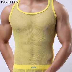 Amarelo ver através dos homens mesh tanques top sexy fishnet sem mangas alças macho perspectiva masculino musculoso masculino musculação t-shirt 210522