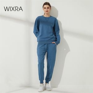 Wixra Womens 100 % 코 튼 캐주얼 세트 넥 탑 + 탄성 허리 Drawstring 바지 기본 스웨터 슈트 봄 가을 211007