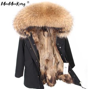 Naturlig pälsfoder Parka Coat Real Fur Coat Vinterjacka Kvinnor Naturliga tvättbjörn Fur Collar Varm tjocka Parkas 211018