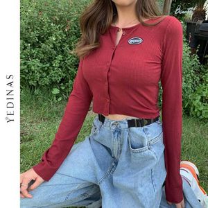 Yedinas Summer Autumn Korean Style O-neck Short Knitted Sweaters Women Thin Cardigan Fashion Sexy Long Sleeve Button Up Crop Top 210527