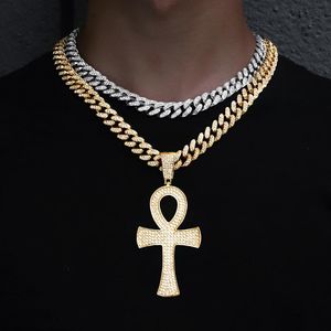 Kedjor Egyptiska Ankh Necklace Charm Mäns Cross Pendant Rope Chain Key of Life Iced Out Rhinestone Kubanska Hip Hop Smycken