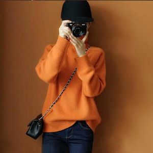 Kvinnors Tröjor Höst Vinter Orange Turtleneck Cashmere Sweater Kvinnor Tjockade Pullover Casual Basic Jumper Stickade lösa toppar