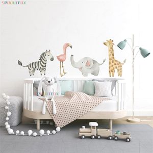 Nordic Cartoon Animals Wall Sticker för Barn Room Nursery Baby Boys Sovrum Dekaler Zebra Flamingo Elephant Giraffe Stickers 211217