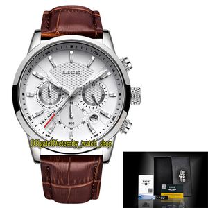 Lige evighet LG9866 Sport Mens Klockor Datum White Dial Japan VK Quartz Chronograph Movement Men Watch Alloy Case Brown Leather Strap