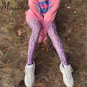 Missakso y2k impressão ver através de calças de lápis streetwear mulheres verão sexy moda leggings roxo calças cintura alta 210625