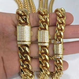 10mm 12mm 14mm Men Women Cuban Link Chain Necklace Bracelet Curb Choker Chains Jewelry CNC Cubic Zirconia Box Clasp 316L Stainless Steel 18K Gold Plated